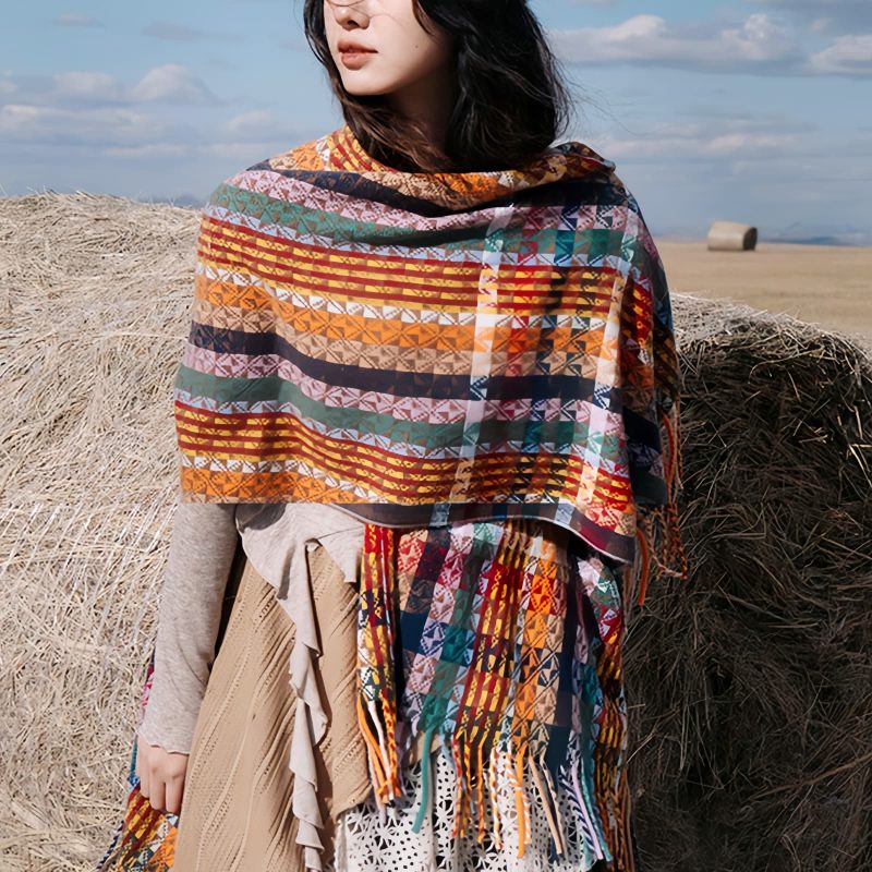 Chale Pañuelo de Rayas Tibetanas de Colores Tibetan Colorful Stripe Shawl Wrap