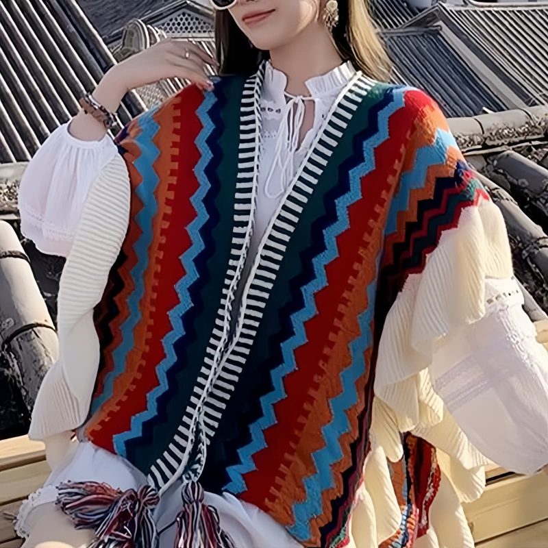Chale Tibetano con Franjas Onduladas y Borlas Tibetan Wavy Striped Tassel Shawl