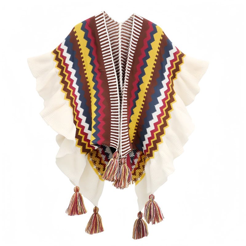 Chale Tibetano con Franjas Onduladas y Borlas Tibetan Wavy Striped Tassel Shawl