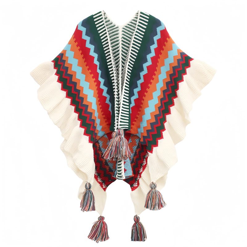 Chale Tibetano con Franjas Onduladas y Borlas Tibetan Wavy Striped Tassel Shawl