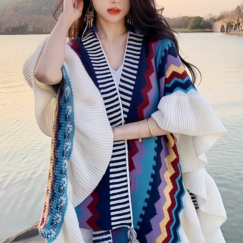 Chale Tibetano con Franjas Onduladas y Borlas Tibetan Wavy Striped Tassel Shawl