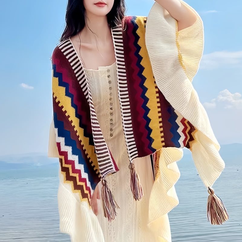 Chale Tibetano con Franjas Onduladas y Borlas Tibetan Wavy Striped Tassel Shawl