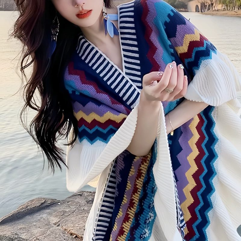 Chale Tibetano con Franjas Onduladas y Borlas Tibetan Wavy Striped Tassel Shawl