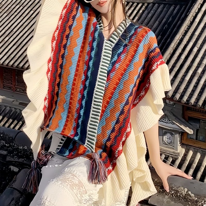 Chale Tibetano con Franjas Onduladas y Borlas Tibetan Wavy Striped Tassel Shawl