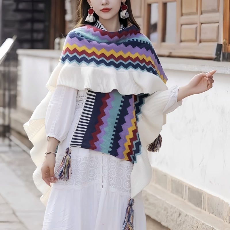 Chale Tibetano con Franjas Onduladas y Borlas Tibetan Wavy Striped Tassel Shawl