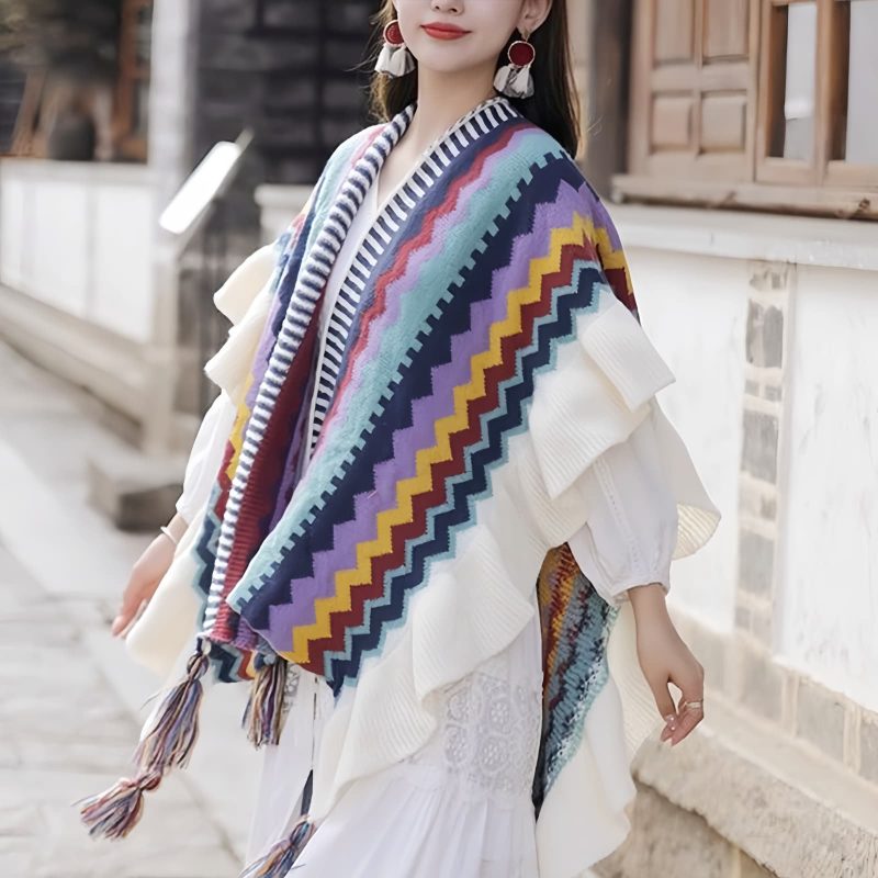 Chale Tibetano con Franjas Onduladas y Borlas Tibetan Wavy Striped Tassel Shawl