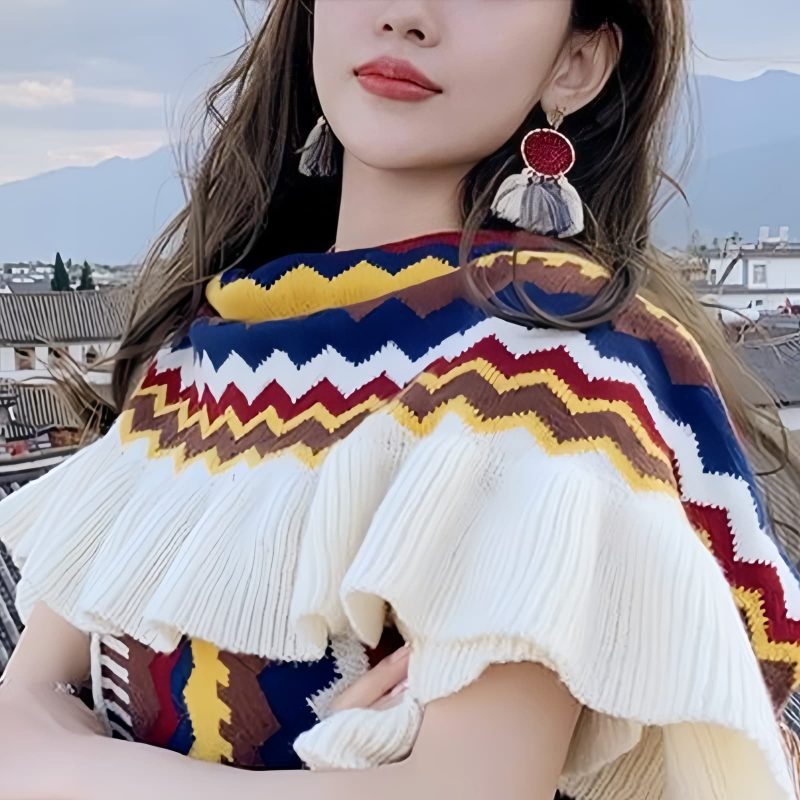 Chale Tibetano con Franjas Onduladas y Borlas Tibetan Wavy Striped Tassel Shawl