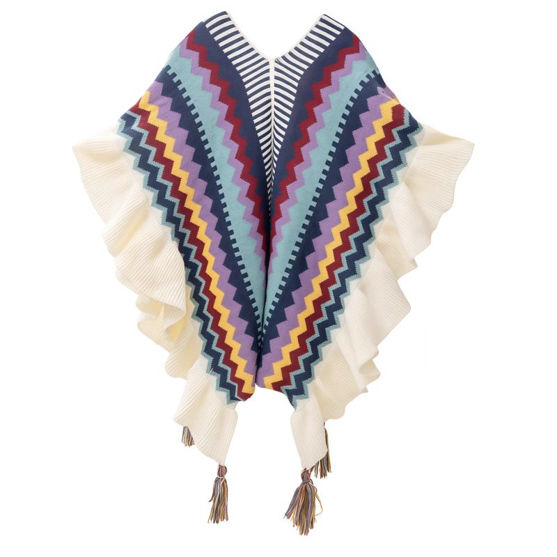 Chale Tibetano con Franjas Onduladas y Borlas Tibetan Wavy Striped Tassel Shawl