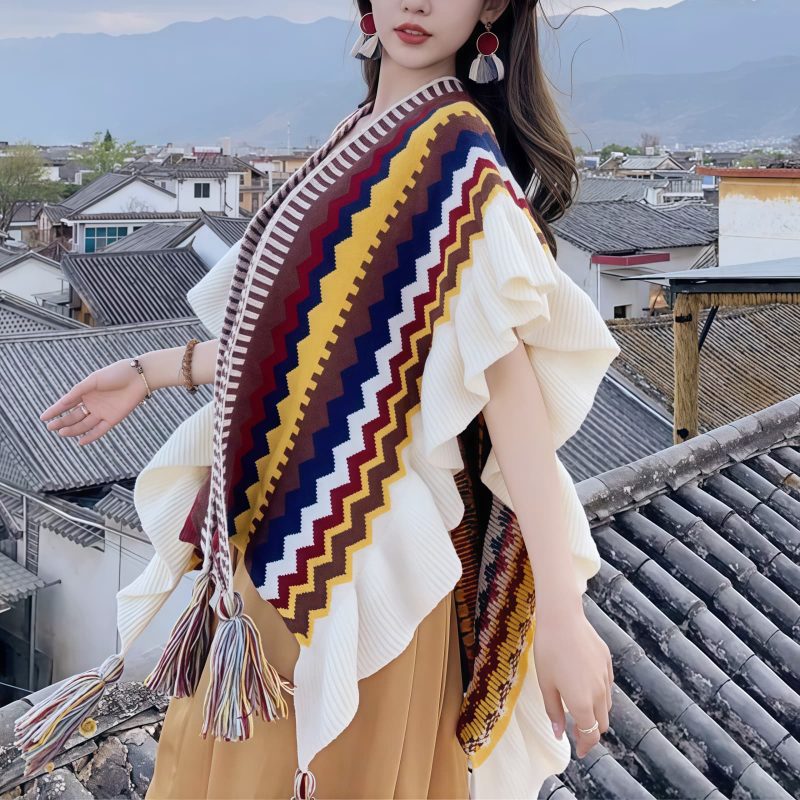 Chale Tibetano con Franjas Onduladas y Borlas Tibetan Wavy Striped Tassel Shawl