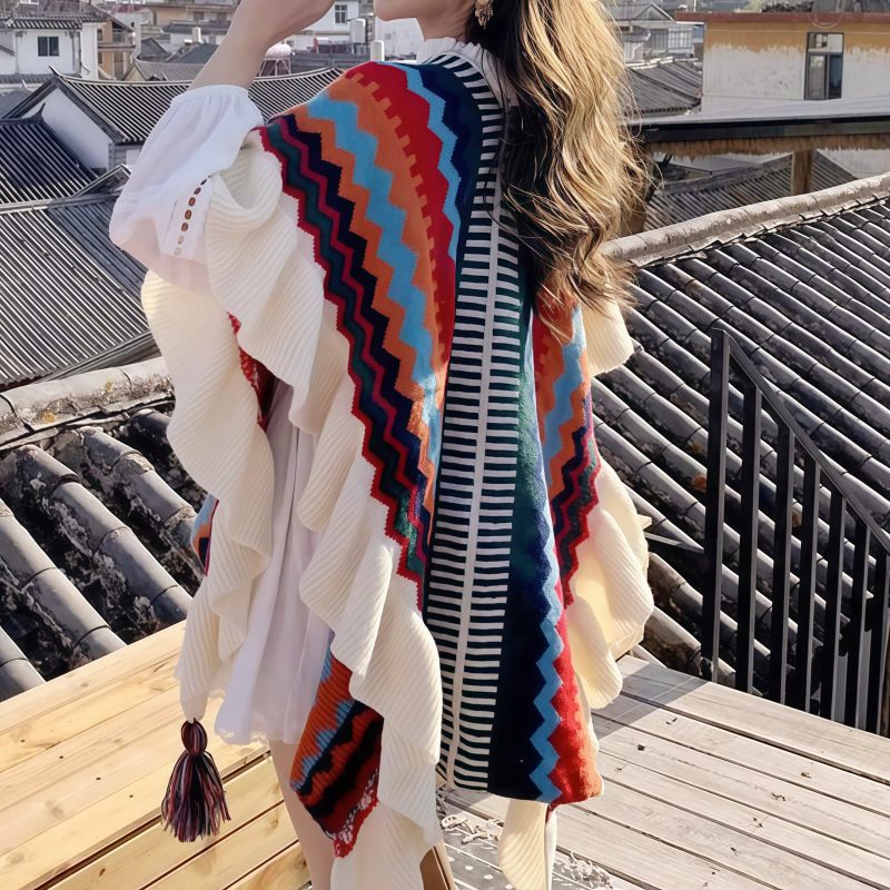 Chale Tibetano con Franjas Onduladas y Borlas Tibetan Wavy Striped Tassel Shawl