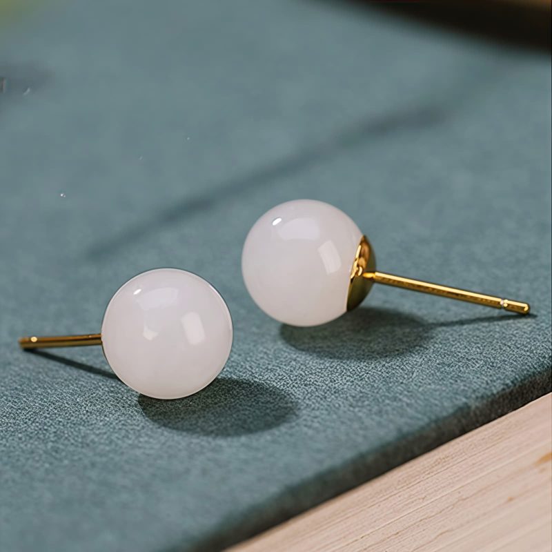 Aretes de Estudio de Jade Blanco Tibetano en Plata 925 925 Silver Tibetan White Jade Blessing Stud Earrings