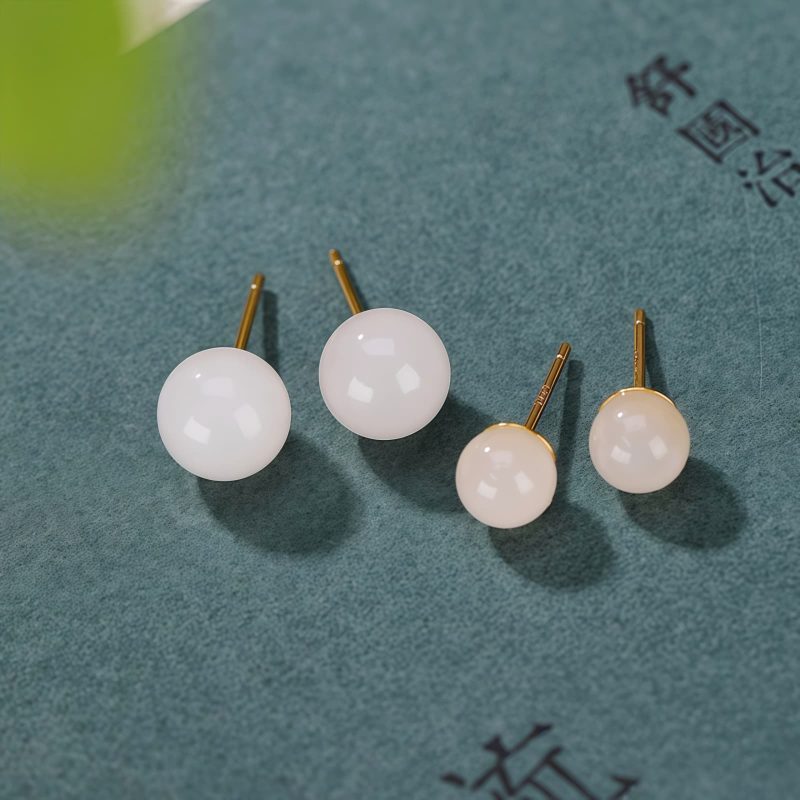 Aretes de Estudio de Jade Blanco Tibetano en Plata 925 925 Silver Tibetan White Jade Blessing Stud Earrings