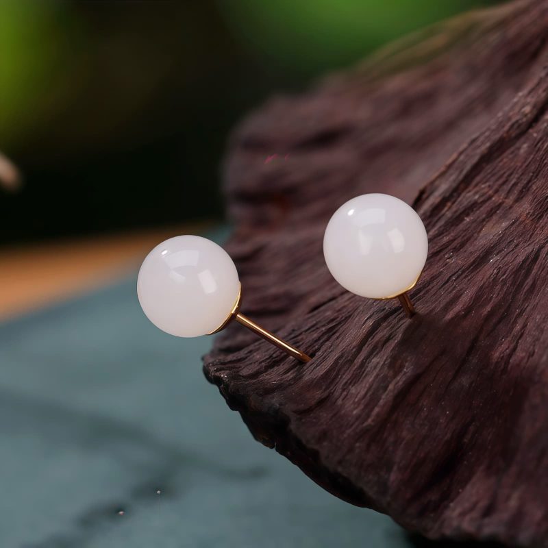 Aretes de Estudio de Jade Blanco Tibetano en Plata 925 925 Silver Tibetan White Jade Blessing Stud Earrings