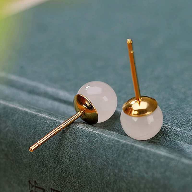 Aretes de Estudio de Jade Blanco Tibetano en Plata 925 925 Silver Tibetan White Jade Blessing Stud Earrings