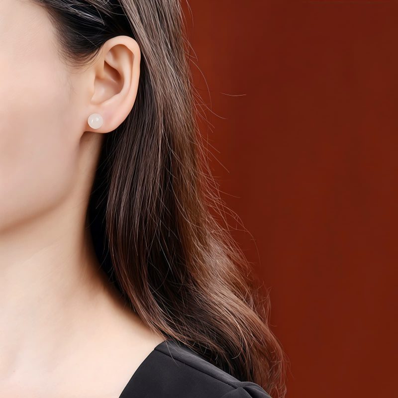 Aretes de Estudio de Jade Blanco Tibetano en Plata 925 925 Silver Tibetan White Jade Blessing Stud Earrings