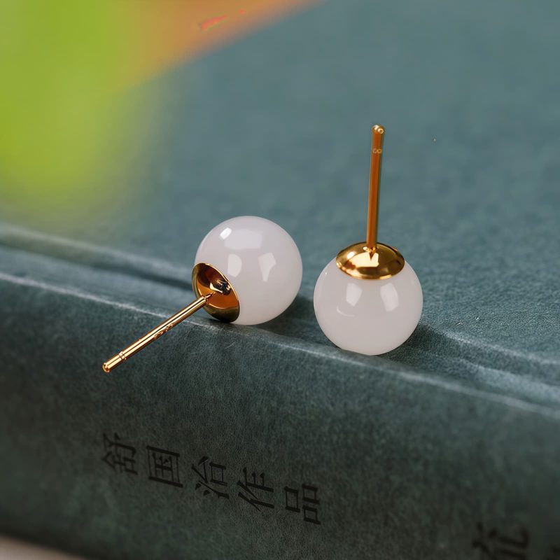 Aretes de Estudio de Jade Blanco Tibetano en Plata 925 925 Silver Tibetan White Jade Blessing Stud Earrings