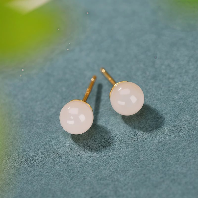 Aretes de Estudio de Jade Blanco Tibetano en Plata 925 925 Silver Tibetan White Jade Blessing Stud Earrings