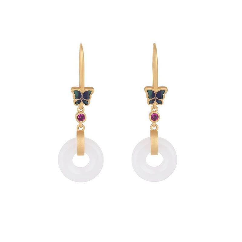 Anting Keberuntungan Kupu-Kupu Giok Putih White Jade Butterfly Fortune Earrings