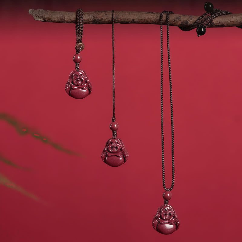 Kalung Liontin Buddha Tertawa Cinnabar Cina Chinese Cinnabar Laughing Buddha Pendant Necklace