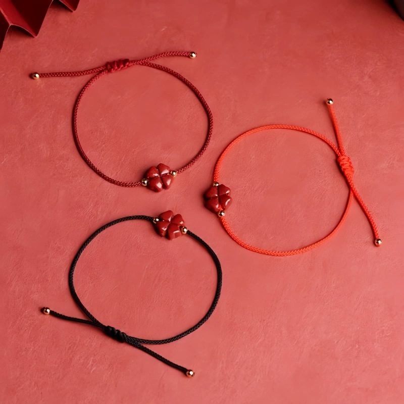 Pulsera de Trébol de Cuatro Hojas de Cinabrio Natural Natural Cinnabar Four Leaf Clover Bracelet