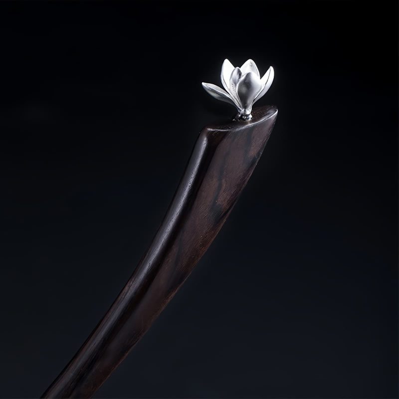 Horquilla con Magnoliana de Ébano y Plata 925 925 Silver Ebony Magnolia Blessing Hairpin