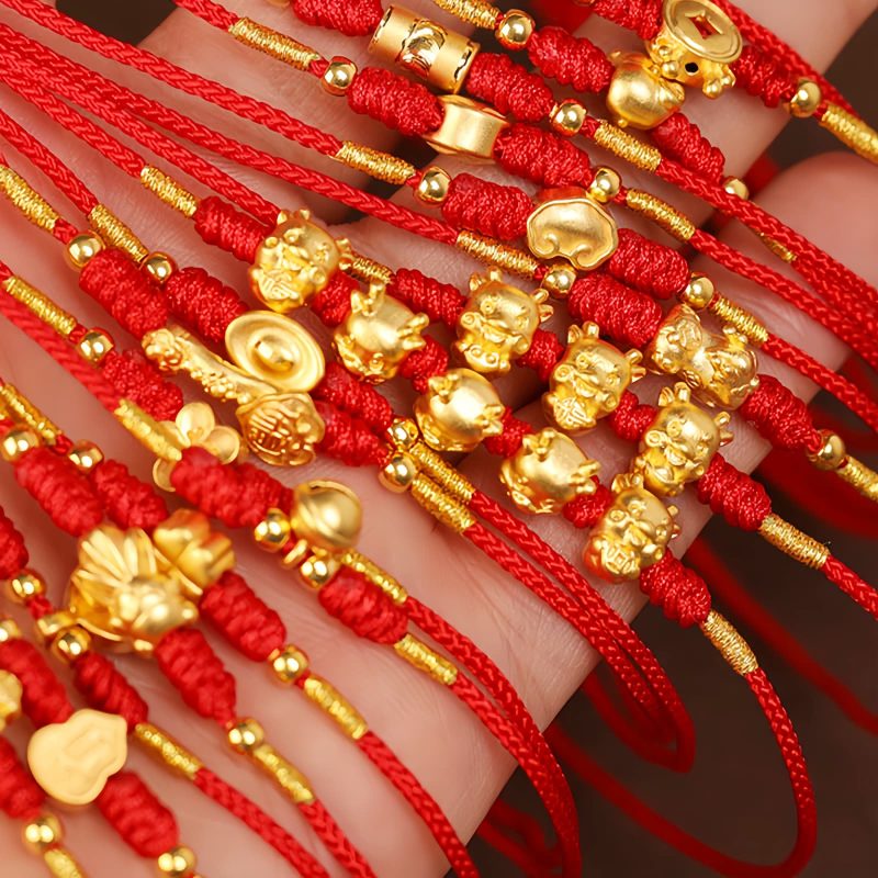 999 Emas Padat Rantai Perut Tibet dengan Benang Merah 999 Solid Gold Tibetan Belly Chain with Red String