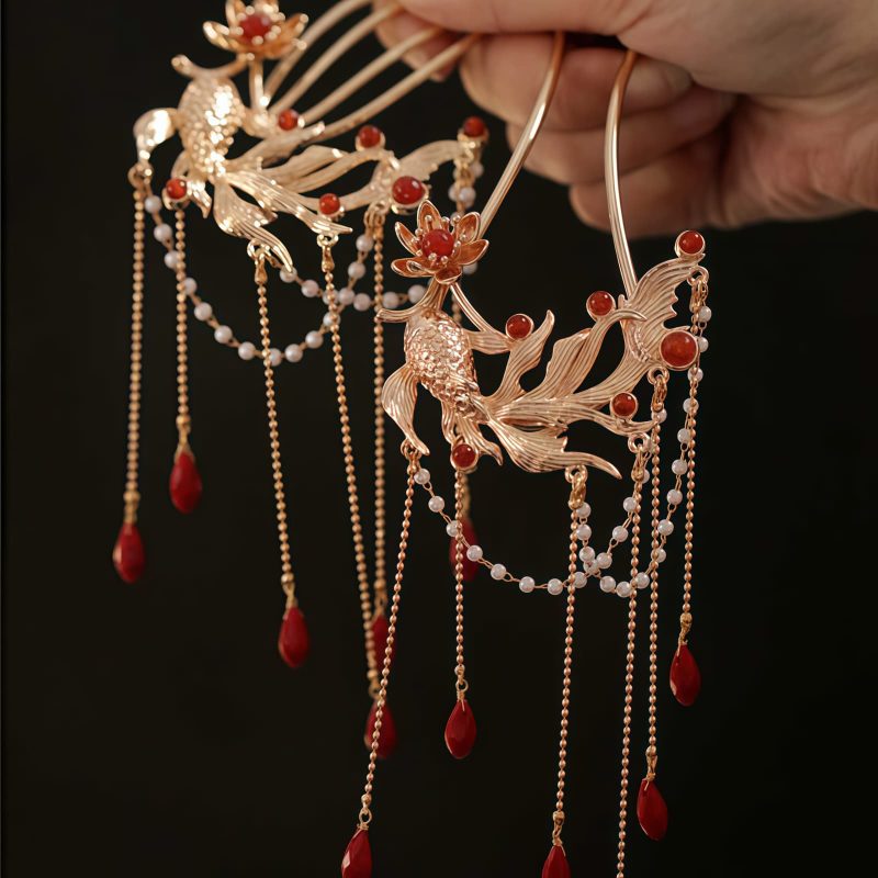 Pente e Grampo de Cabelo Chineses de Ágata Vermelha com Peixe Koi Chinese Red Agate Koi Fish Hairpin & Comb