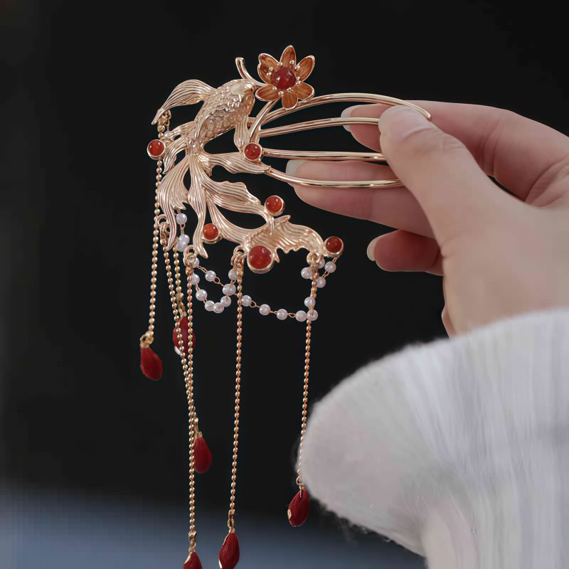 Pente e Grampo de Cabelo Chineses de Ágata Vermelha com Peixe Koi Chinese Red Agate Koi Fish Hairpin & Comb