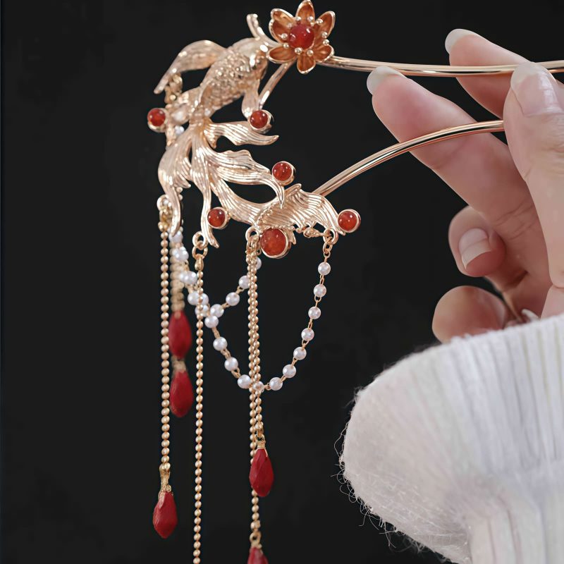 Pente e Grampo de Cabelo Chineses de Ágata Vermelha com Peixe Koi Chinese Red Agate Koi Fish Hairpin & Comb