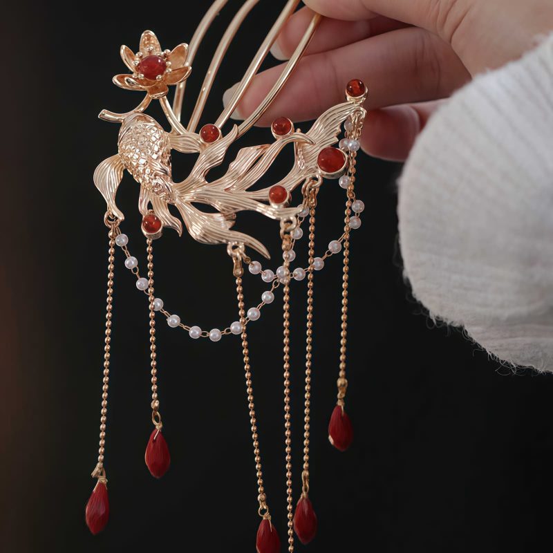 Pente e Grampo de Cabelo Chineses de Ágata Vermelha com Peixe Koi Chinese Red Agate Koi Fish Hairpin & Comb