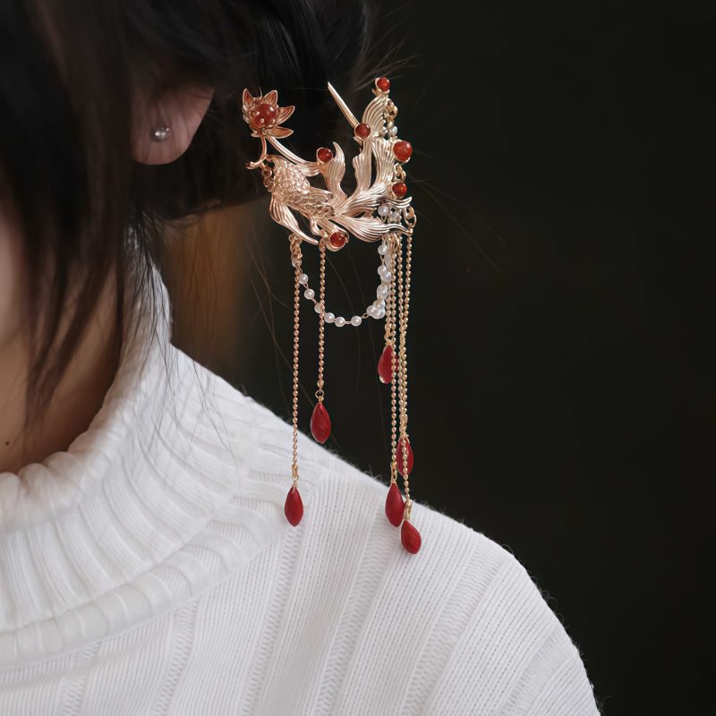 Pente e Grampo de Cabelo Chineses de Ágata Vermelha com Peixe Koi Chinese Red Agate Koi Fish Hairpin & Comb
