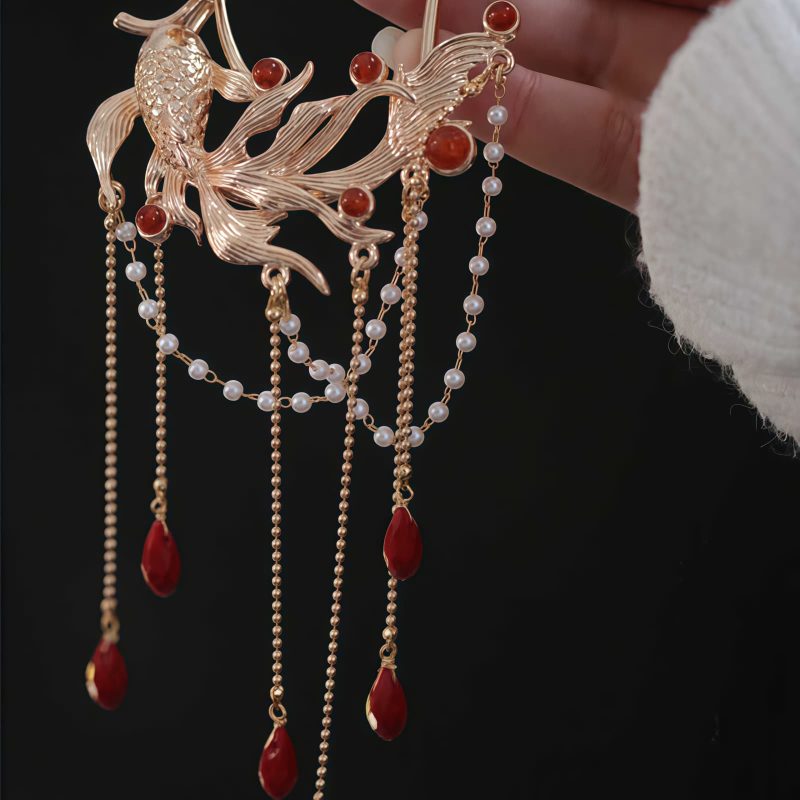 Pente e Grampo de Cabelo Chineses de Ágata Vermelha com Peixe Koi Chinese Red Agate Koi Fish Hairpin & Comb