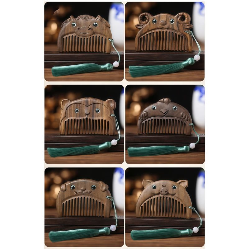 مشط جيبي من خشب الصندل الأخضر حسب الأبراج الصينية Chinese Zodiac Green Sandalwood Portable Comb