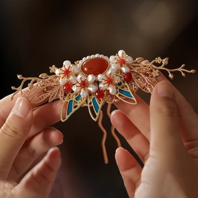 Corona para el Cabello con Mariposa y Perla de Estilo Chino Clásico Classical Chinese Pearl Butterfly Hair Crown