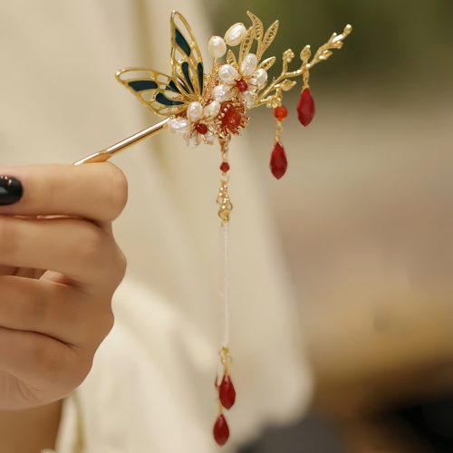 Corona para el Cabello con Mariposa y Perla de Estilo Chino Clásico Corona para el Cabello con Mariposa y Perla de Estilo Chino Clásico