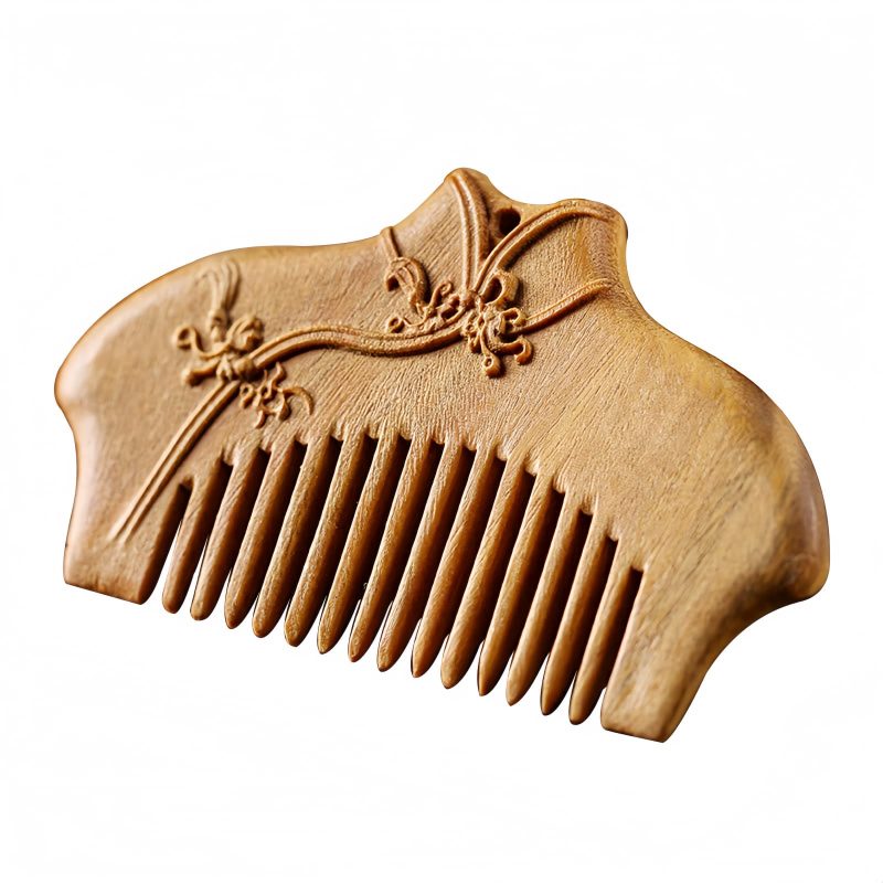 Peine Tallado con Flores de Sándalo Verde Green Sandalwood Floral Engraved Comb