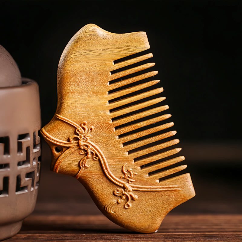 Peine Tallado con Flores de Sándalo Verde Green Sandalwood Floral Engraved Comb