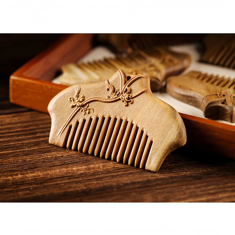 Peine Tallado con Flores de Sándalo Verde Green Sandalwood Floral Engraved Comb