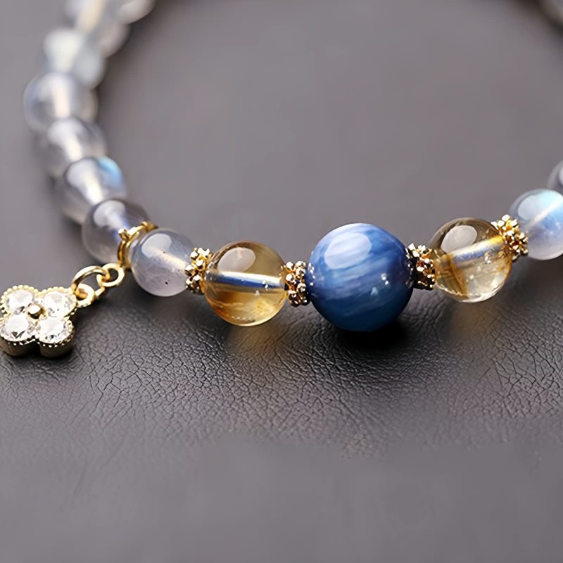 Pulseira Natural de Pedra da Lua com Pingente de Flor Natural Moonstone Flower Charm Bracelet