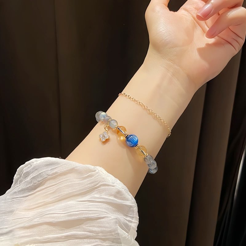 Pulseira Natural de Pedra da Lua com Pingente de Flor Natural Moonstone Flower Charm Bracelet