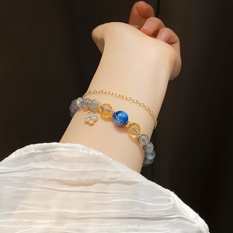 Pulseira Natural de Pedra da Lua com Pingente de Flor Natural Moonstone Flower Charm Bracelet