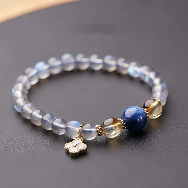 Pulseira Natural de Pedra da Lua com Pingente de Flor Natural Moonstone Flower Charm Bracelet