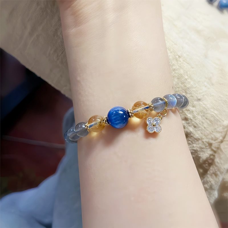 Pulseira Natural de Pedra da Lua com Pingente de Flor Natural Moonstone Flower Charm Bracelet
