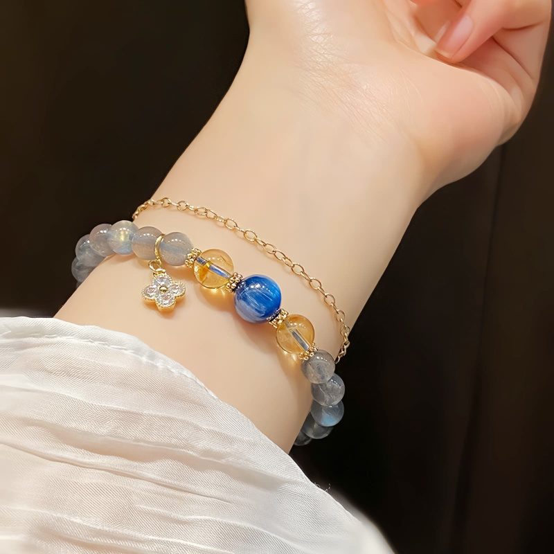 Pulseira Natural de Pedra da Lua com Pingente de Flor Natural Moonstone Flower Charm Bracelet