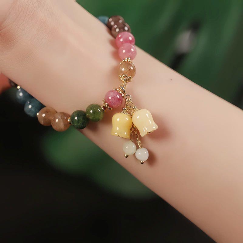 Pulsera de Flores de Turmalina Natural Natural Tourmaline Flower Bead Bracelet