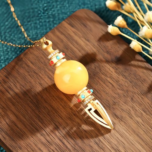 Collar con dije Dorje Vajra bañado en oro de 24 quilates y ámbar para la ansiedad Collar con dije Dorje Vajra bañado en oro de 24 quilates y ámbar para la ansiedad