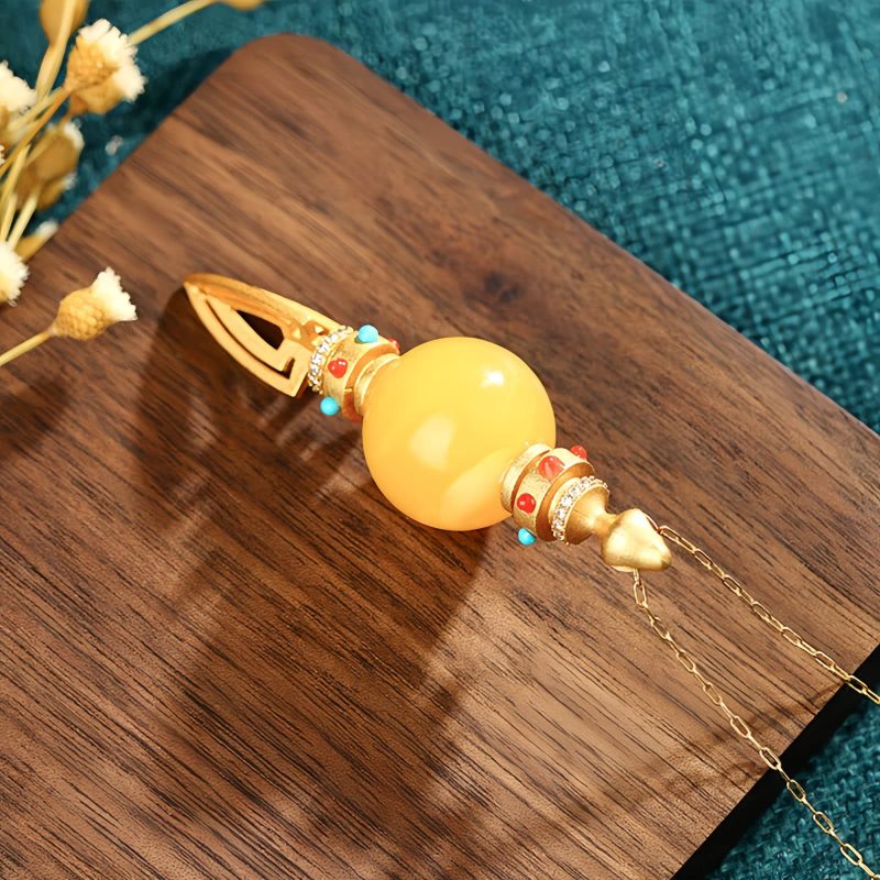 Collar con dije Dorje Vajra bañado en oro de 24 quilates y ámbar para la ansiedad 24K Gold Plated Amber Dorje Vajra Necklace Pendant for Anxiety