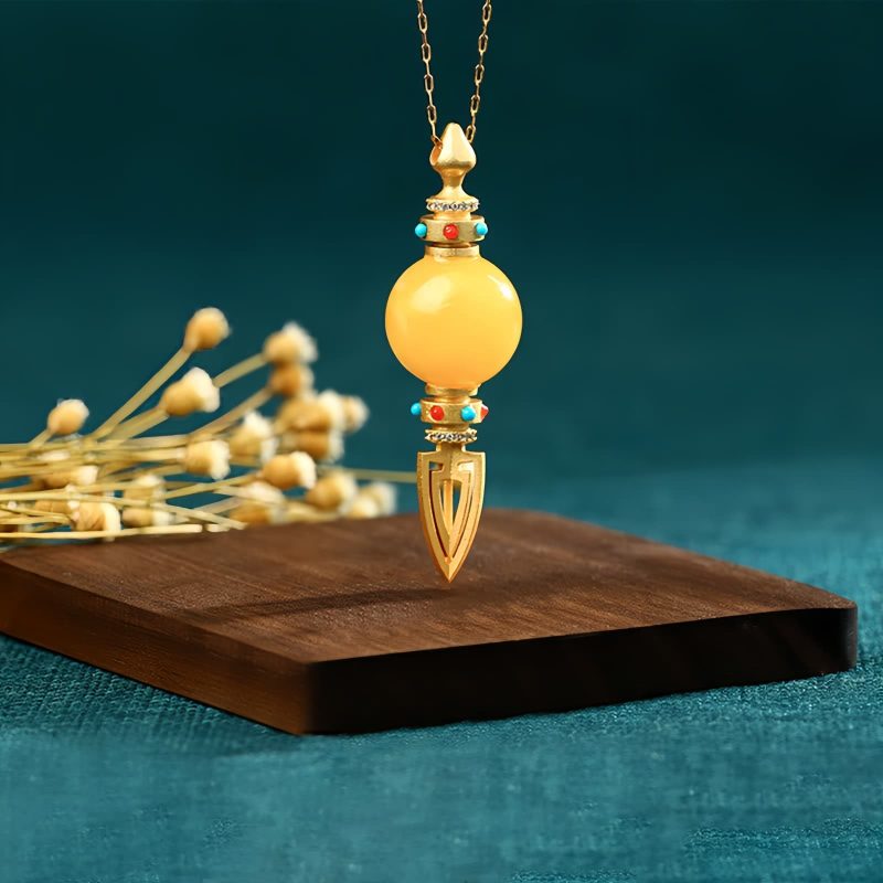Collar con dije Dorje Vajra bañado en oro de 24 quilates y ámbar para la ansiedad 24K Gold Plated Amber Dorje Vajra Necklace Pendant for Anxiety