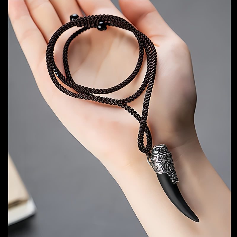 Collar con Diente de Lobo de Obsidiana Negra en Plata 925 925 Silver Black Obsidian Wolf Tooth Necklace