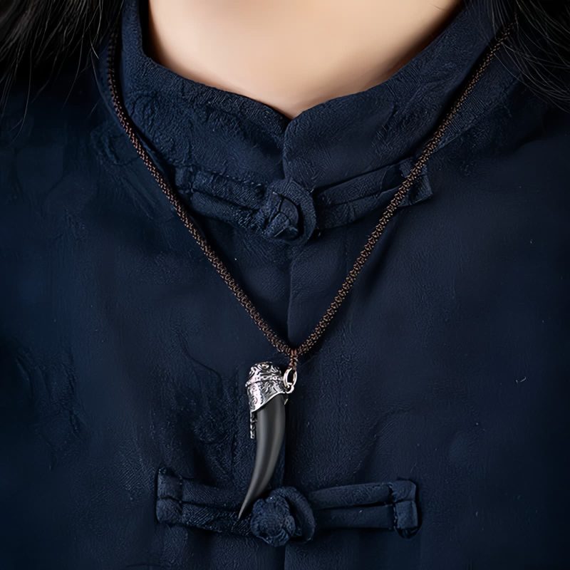 Collar con Diente de Lobo de Obsidiana Negra en Plata 925 925 Silver Black Obsidian Wolf Tooth Necklace